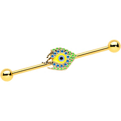 14G Gold Tone Bold Peacock Feather Industrial Barbell 38mm