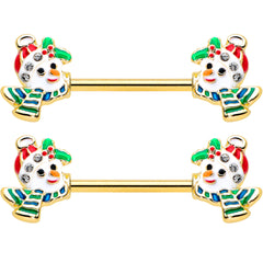 14G 9/16 Clear Gem Gold Tone Snowman Christmas Nipple Ring Set