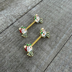 14G 9/16 Clear Gem Gold Tone Snowman Christmas Nipple Ring Set