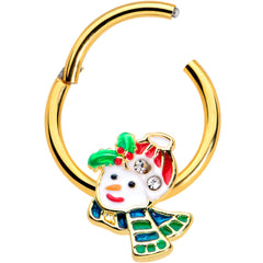 16G 3/8 Clear Gem Gold Tone Happy Snowman Hinged Segment Ring