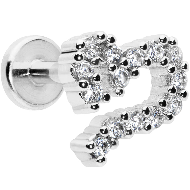 16G 1/4 Clear CZ Gem Half Heart Internally Threaded Labret Tragus