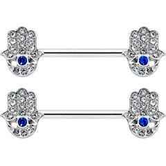 14G 9/16 Clear Blue Gem Eye Hamsa Hand Barbell Nipple Ring Set