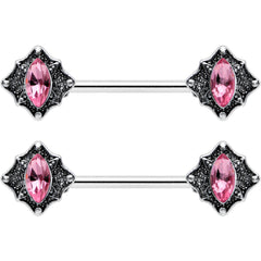 14G 9/16 Pink Gem Rhombus Retro Barbell Nipple Ring Set