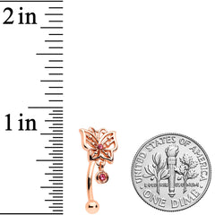 16G 5/16 Pink CZ Gem Rose Gold Tone Butterfly Curved Eyebrow Ring