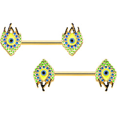 14G 9/16 Gold Tone Bold Peacock Feather Barbell Nipple Ring Set
