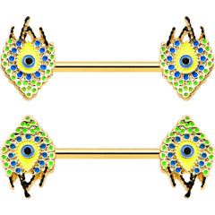 14G 9/16 Gold Tone Bold Peacock Feather Barbell Nipple Ring Set