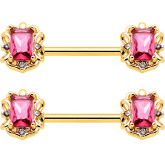 14G 9/16 Red Gem Gold Hue Regal Escutcheon Barbell Nipple Ring Set