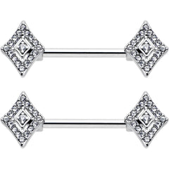 14G 9/16 Clear Gem Double Rhombus Deco Barbell Nipple Ring Set