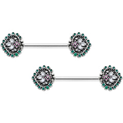 14G 9/16 Stylized Pink Green Leaf Barbell Nipple Ring Set