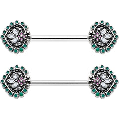 14G 9/16 Stylized Pink Green Leaf Barbell Nipple Ring Set