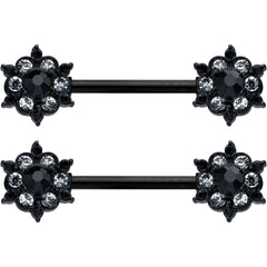 14G 9/16 Clear CZ Gem Black Abstract Sun Barbell Nipple Ring Set