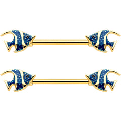 14G 9/16 Gold Tone Blue Stripe Adorable Angelfish Nipple Ring Set