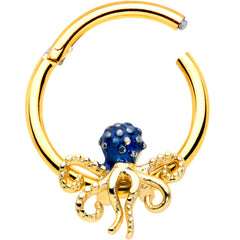 16G 3/8 Gold Tone Textured Blue Octopus Hinged Segment Ring