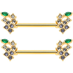 14G 9/16 Clear CZ Gem Gold Tone Bunch Grapes Nipple Ring Set