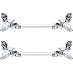 14G 9/16 Clear Gem Flying Bats Halloween Barbell Nipple Ring Set