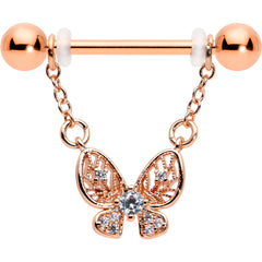 14G 5/8 Clear Gem Rosy Tone Airy Butterfly Dangle Nipple Ring Set