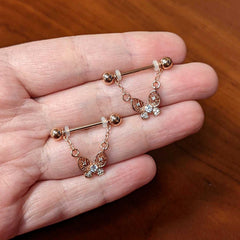 14G 5/8 Clear Gem Rosy Tone Airy Butterfly Dangle Nipple Ring Set