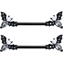 14G 5/8 Clear Gem Black Flying Bats Halloween Nipple Ring Set