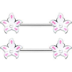 14G 9/16 Pearlescent Orb Pink White Flower Barbell Nipple Ring Set