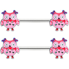 14G 9/16 Bow Pink Heart Owls Barbell Nipple Ring Set