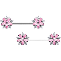14G 9/16 Pink CZ Gem Floral Burst Barbell Nipple Ring Set