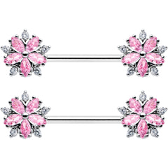 14G 9/16 Pink CZ Gem Floral Burst Barbell Nipple Ring Set
