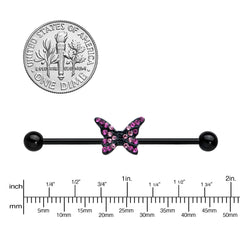 14G Pink Gem Black Midnight Butterfly Industrial Barbell 38mm