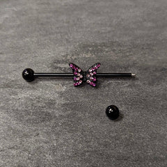 14G Pink Gem Black Midnight Butterfly Industrial Barbell 38mm