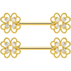 14G 5/8 Clear Gem Gold Tone Texture Cross Barbell Nipple Ring Set