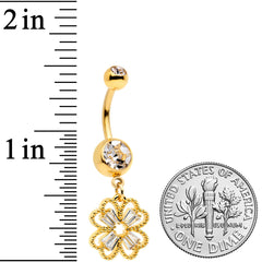 Clear Gem Gold Tone Elegant Textured Shamrock Dangle Belly Ring