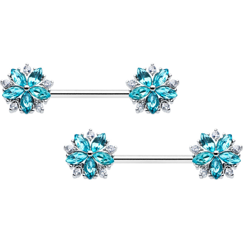 14G 9/16 Blue CZ Gem Floral Burst Barbell Nipple Ring Set