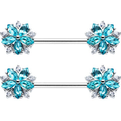 14G 9/16 Blue CZ Gem Floral Burst Barbell Nipple Ring Set