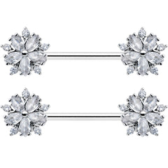 14G 9/16 Clear CZ Gem Floral Burst Barbell Nipple Ring Set