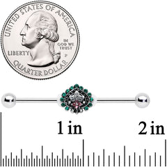14G Pink Green Gem Stylized Leaf Industrial Barbell 38mm