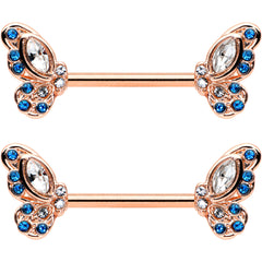 14G 9/16 Clear Blue Gem Rosy Tone Butterfly Wing Nipple Ring Set