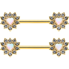 14G 9/16 White Synthetic Opal Gold Tone Sun Heart Nipple Ring Set