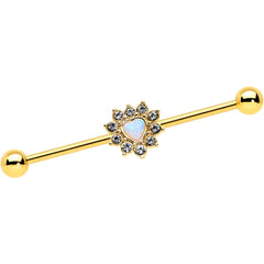 14G White Synth Opal Gold Tone Sun Heart Industrial Barbell 38mm