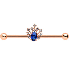 14G Blue Gem Rose Gold Tone Glamour Flare Industrial Barbell 38mm