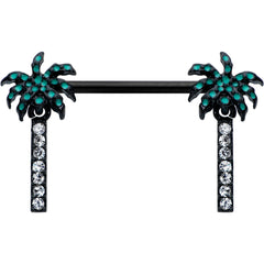 14G 9/16 Clear Gem Black Night Palm Tree Dangle Nipple Ring Set