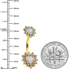 White Synthetic Opal Gold Tone Heart Sun Double Mount Belly Ring