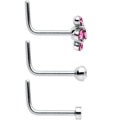 20G 1/4 Aurora Pink CZ Gem Flower L Shape Nose Ring Set of 6