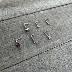 20G 1/4 Aurora Purple CZ Gem Flower Bow L Shape Nose Ring Set of 6