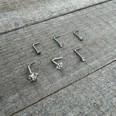 20G 1/4 Clear CZ Gem Flower Disc L Shape Nose Ring Set of 6