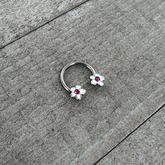 16G 3/8 Pink Gem Daisy Flowers Horseshoe Circular Barbell