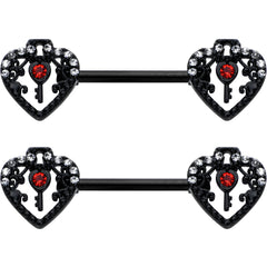 14G 9/16 Red Clear Gem Black Key Heart Barbell Nipple Ring Set