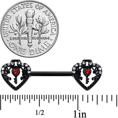 14G 9/16 Red Clear Gem Black Key Heart Barbell Nipple Ring Set