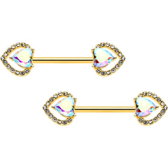 14G 9/16 Aurora Gem Gold Hue Rococo Heart Barbell Nipple Ring Set