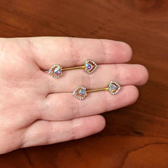 14G 9/16 Aurora Gem Gold Hue Rococo Heart Barbell Nipple Ring Set