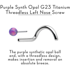 18G 1/4 Purple Synth Opal G23 Titanium Threadless Left Nose Screw