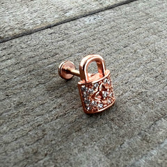 16G 1/4 Clear CZ Gem Rose Gold Tone Lock It Up Labret